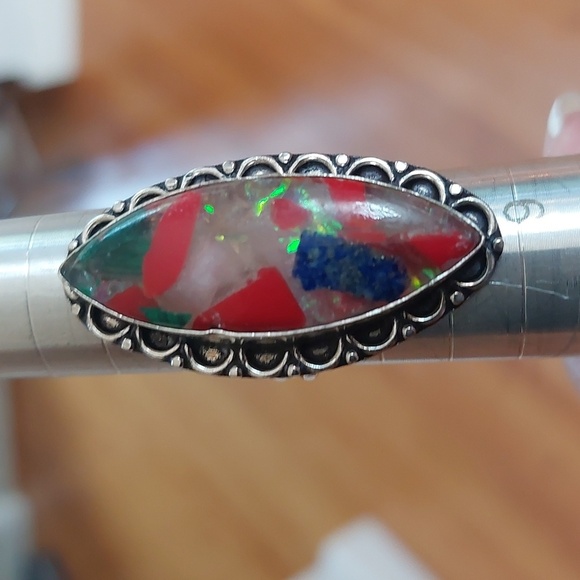 Sterling Silver 925 Large Marquise Stone Opalesque Colorful Sz 7 Red Blue Green - Picture 7 of 7